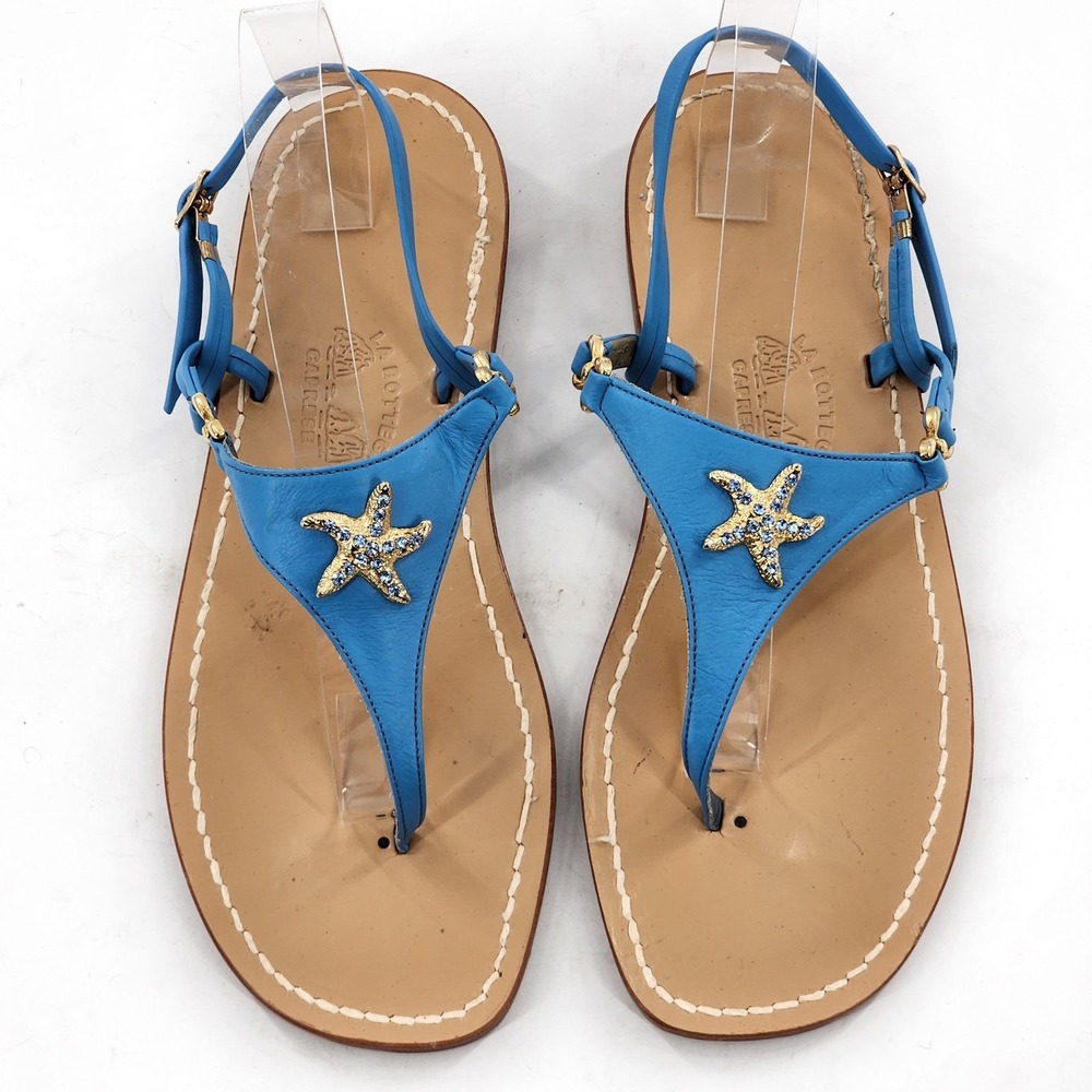 LA BOTTEGA CAPRESE Rhinestone Gold Starfish Leather‎ Thong Sandals Italy Size 10